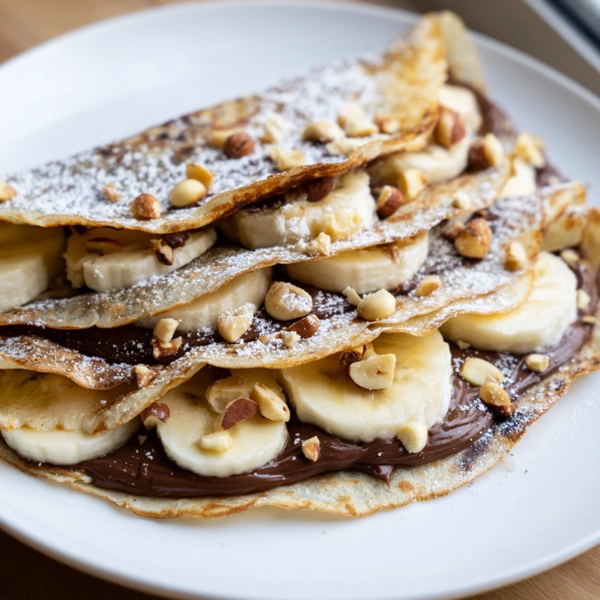 Warm, golden-brown Banana Nutella Wrap, folded and crispy, served with a dusting of powdered sugar.