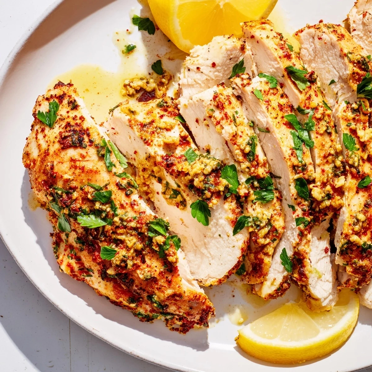Juicy Greek Yogurt Chicken, baked to golden perfection, served with fresh parsley and lemon.