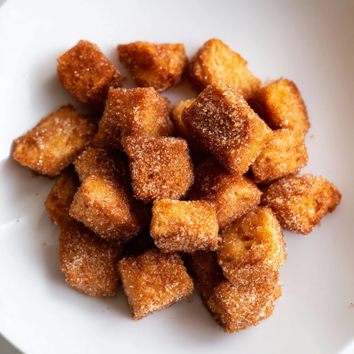 Złote i chrupiące kuleczki French Toast Cereal, kuszące śniadanie posypane cynamonowym cukrem, gotowe do spożycia.