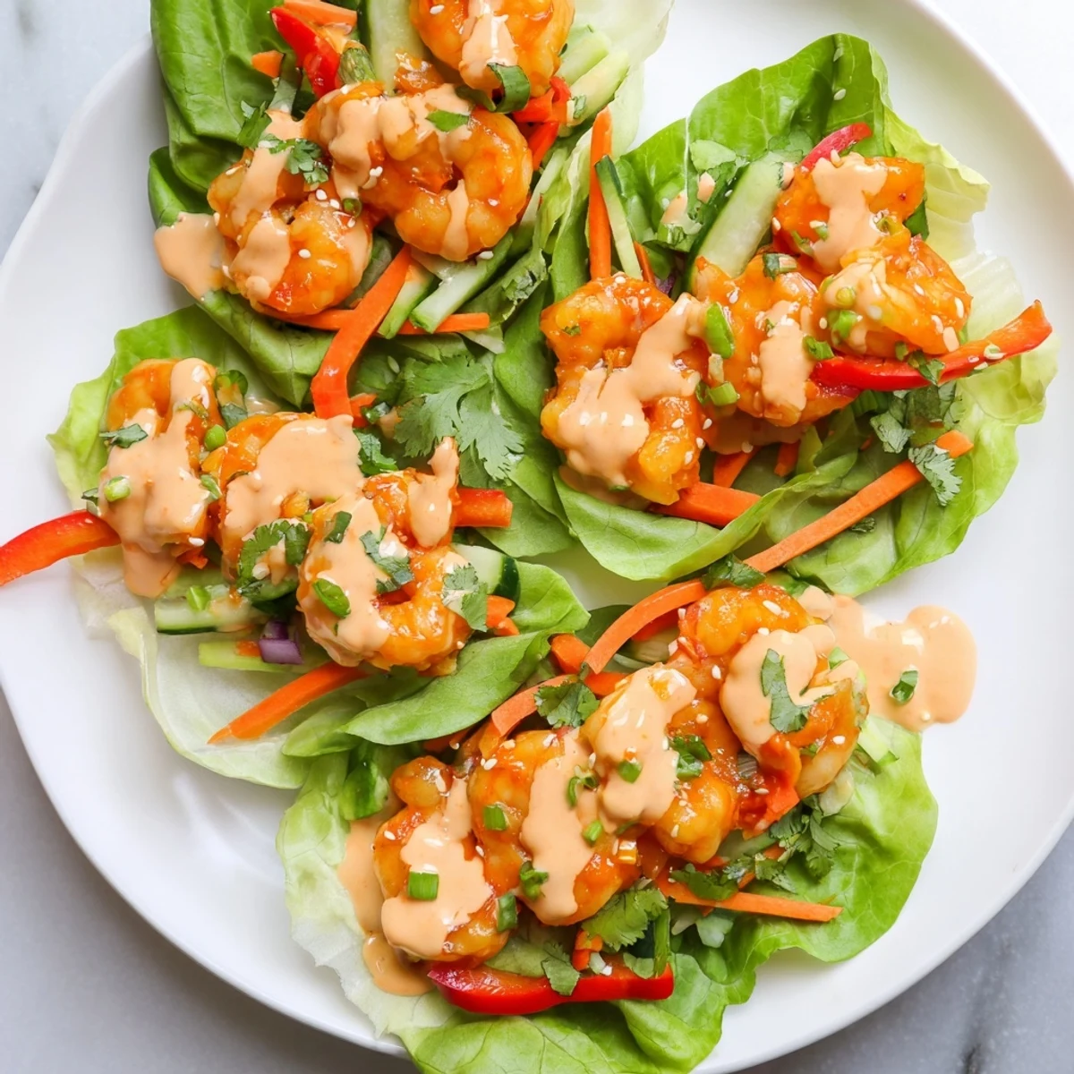 Fresh shrimp lettuce cups arranged, ready to be eaten, with a creamy sauce drizzled over.