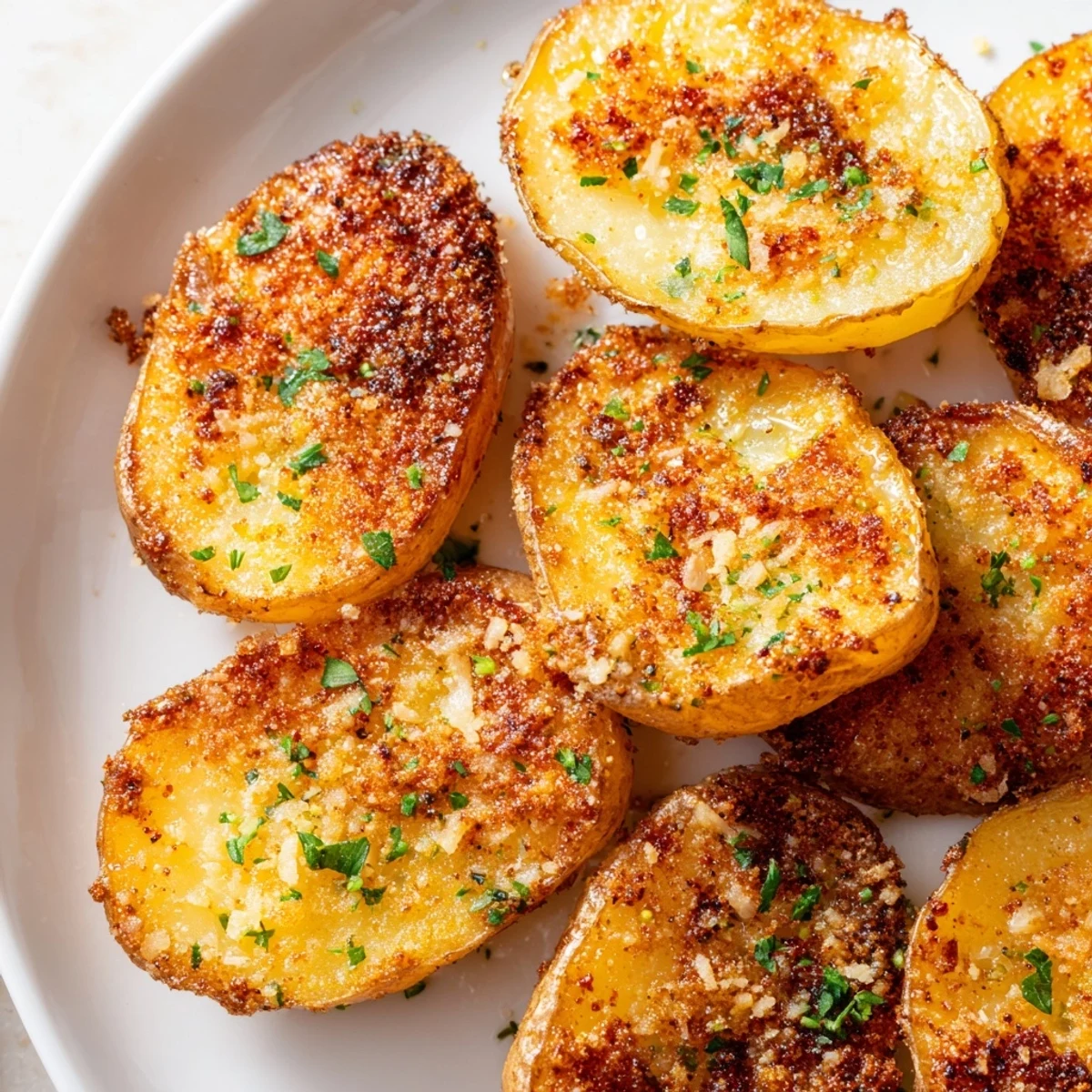 Ultra-crispy Garlic Parmesan Potatoes, golden brown and ready to eat, a perfect side dish.