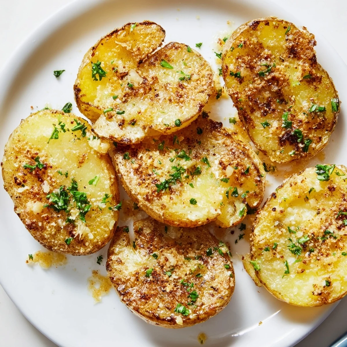 Freshly baked Garlic Parmesan Potatoes, speckled with herbs and cheese, offering a delicious aroma.