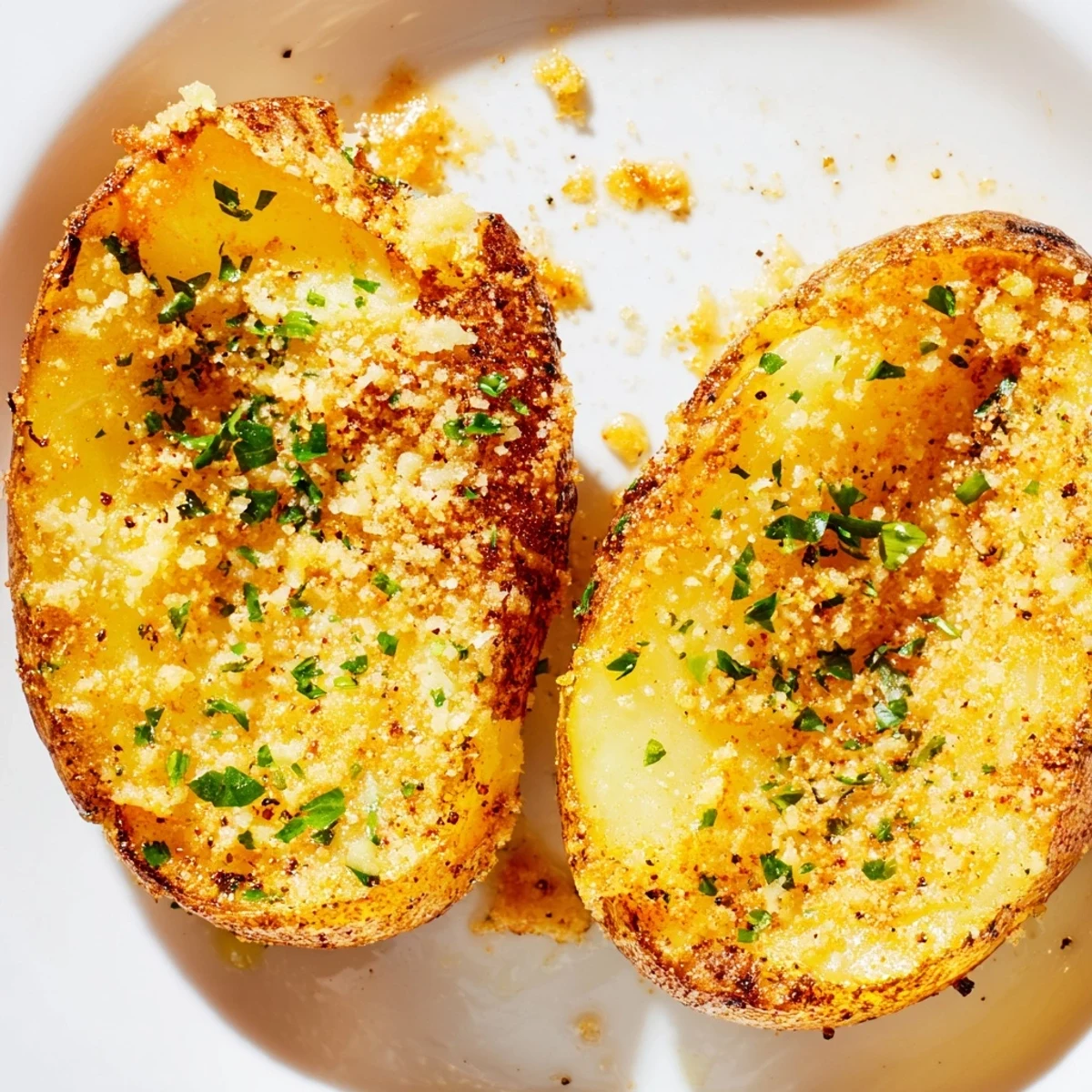 Close-up of crispy Garlic Parmesan Potatoes, a flavorful vegetarian side ready for a tasty meal.