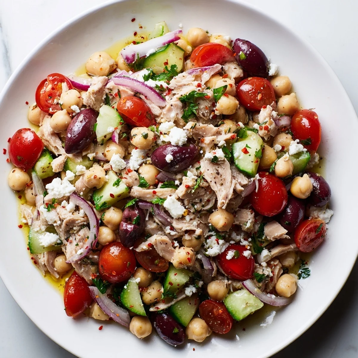 Bright, colorful close-up of Tuna Chickpea Salad shows fresh ingredients and a zesty lemon dressing.