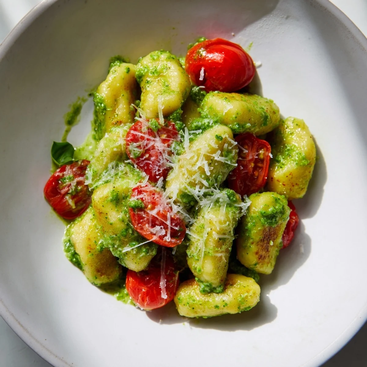 Close-up shot shows satisfying, delicious crispy gnocchi with pesto in a simple, tasty meal.