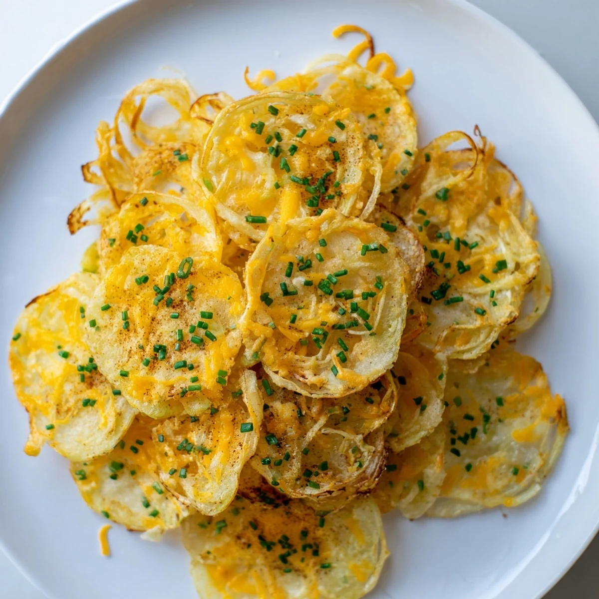 Golden, air-fried Crispy Onion Cheese Chips, a low-carb snack with visible onion & cheese layers.