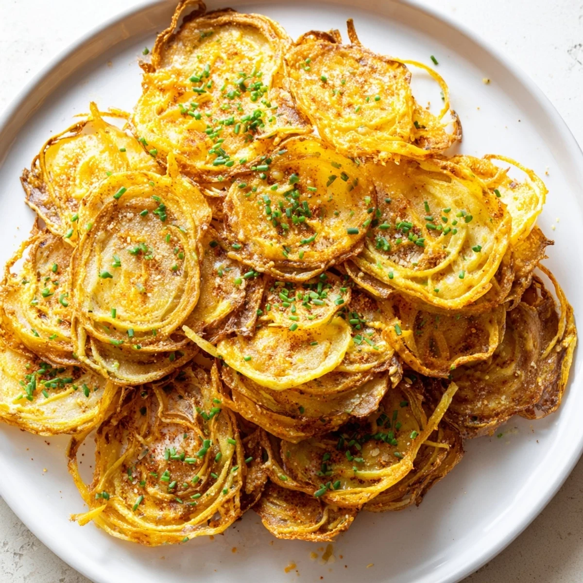 Crispy Onion Cheese Chips, air-fried golden and bubbly with melted cheddar and mozzarella cheese.