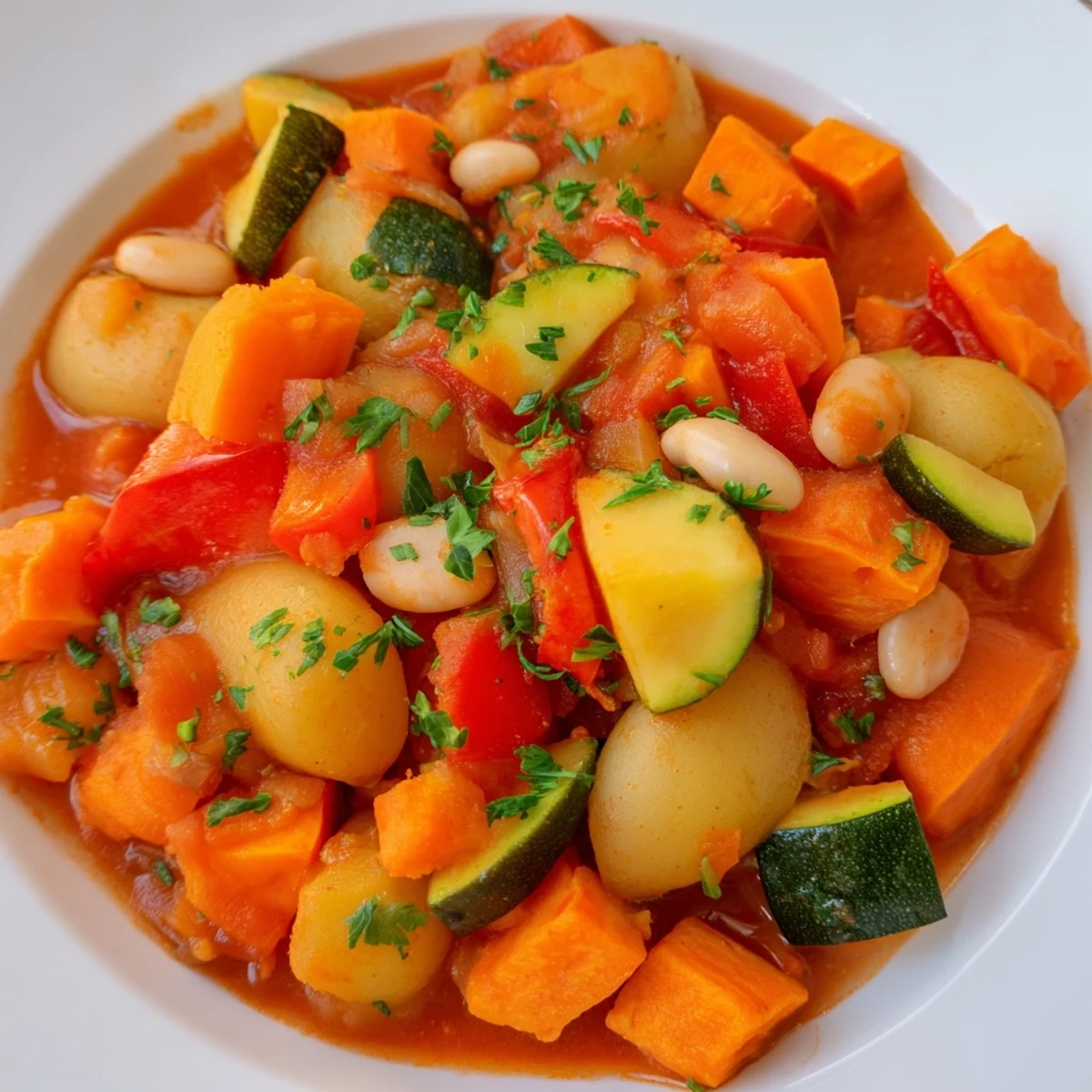 A steaming bowl of Hearty Vegan Sweet Potato Stew with vibrant vegetables and herbs; so delicious.