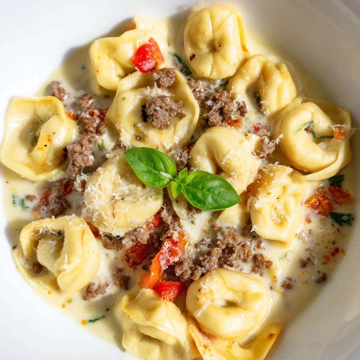 Steaming bowl of delicious Tortellini Beef Soup, perfect for a cozy, Italian-American dinner.