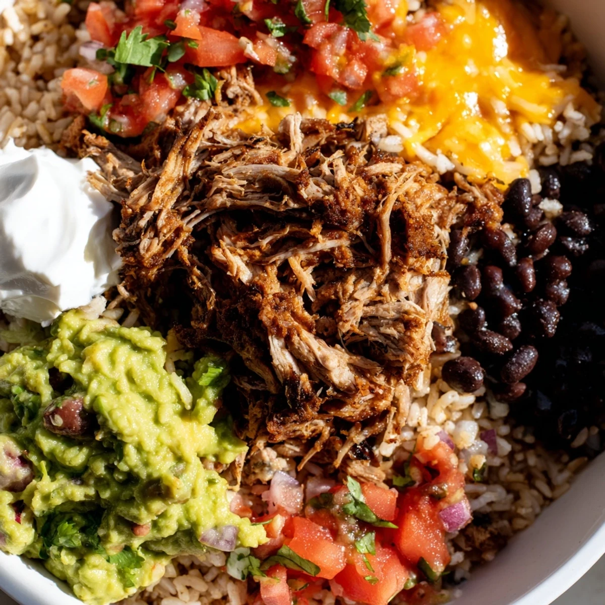 Miseczka burrito Chipotle: soczysta, aromatyczna miska z carnitas, ryżem z limonką i kolendrą, warzywami.