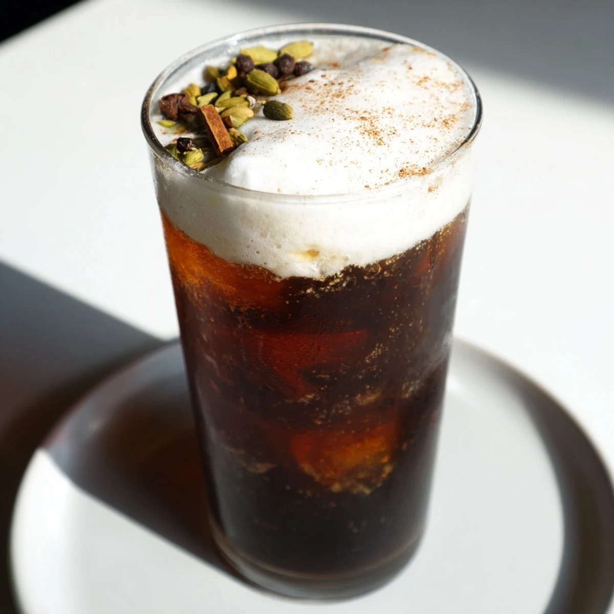 Enjoy the visually stunning Homemade Iced Chai with Cold Foam; a frothy, layered beverage.