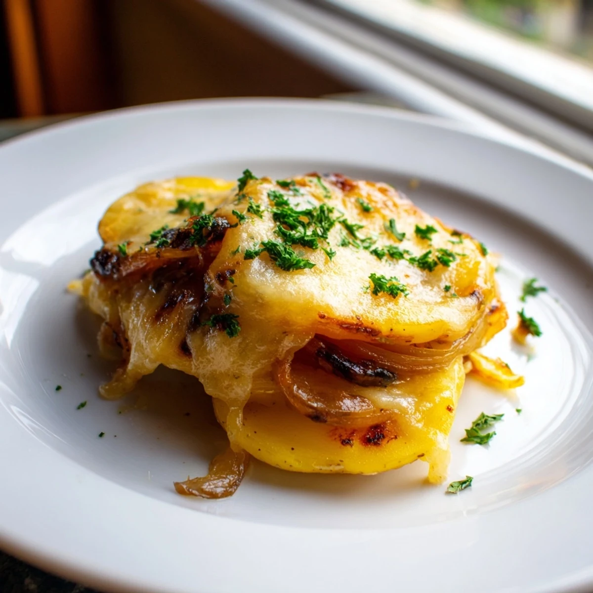 Golden, cheesy French Onion Soup Potatoes bubbling hot from the oven, a perfect side dish.