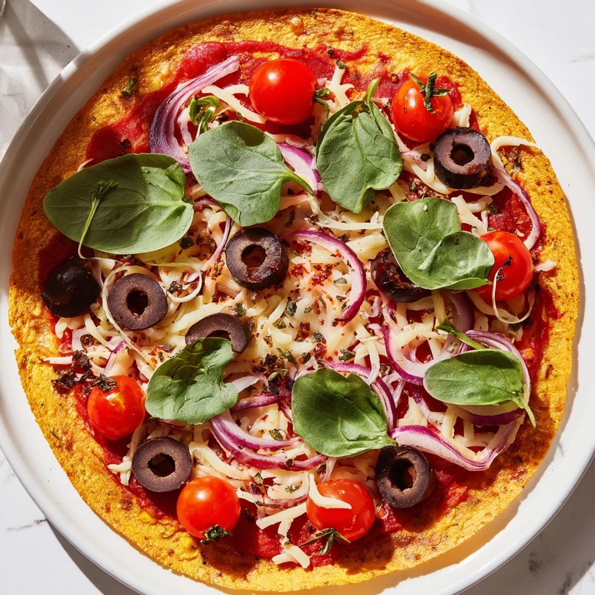 Close-up of a perfectly baked Crispy Tortilla Pizza, showcasing bubbling cheese and vibrant toppings.