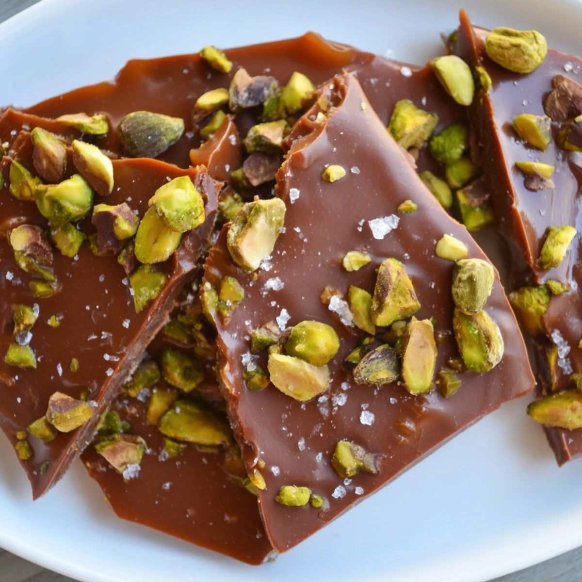 Close-up image shows the glistening, sweet caramel and pistachio salted caramel bark dessert.