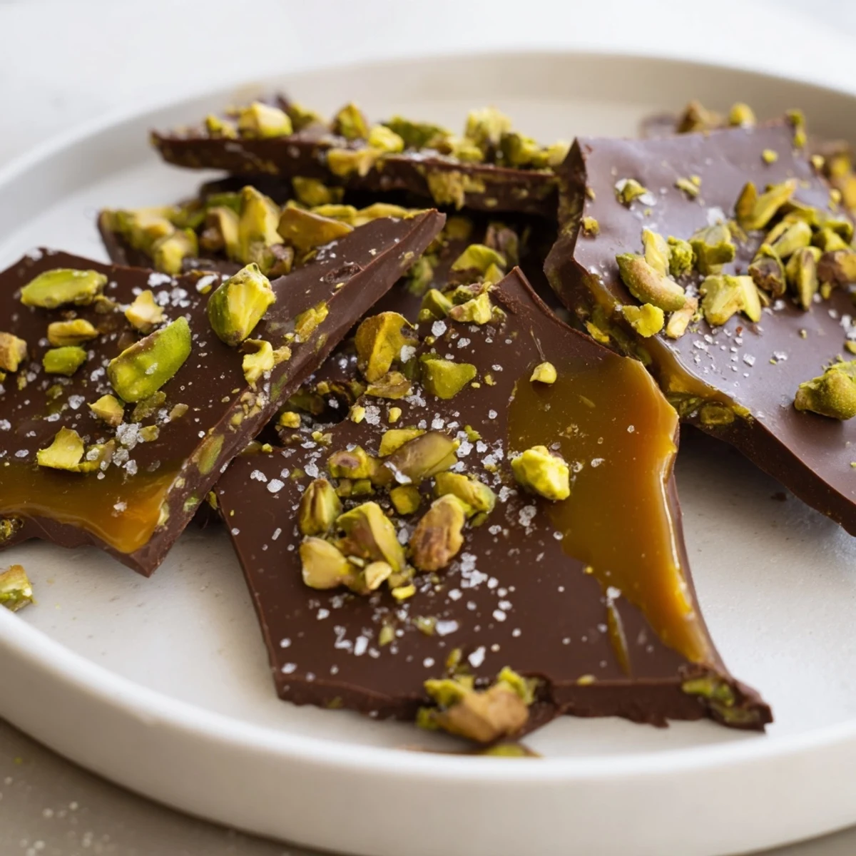 Homemade pistachio salted caramel bark broken into pieces reveals layers of deliciousness.
