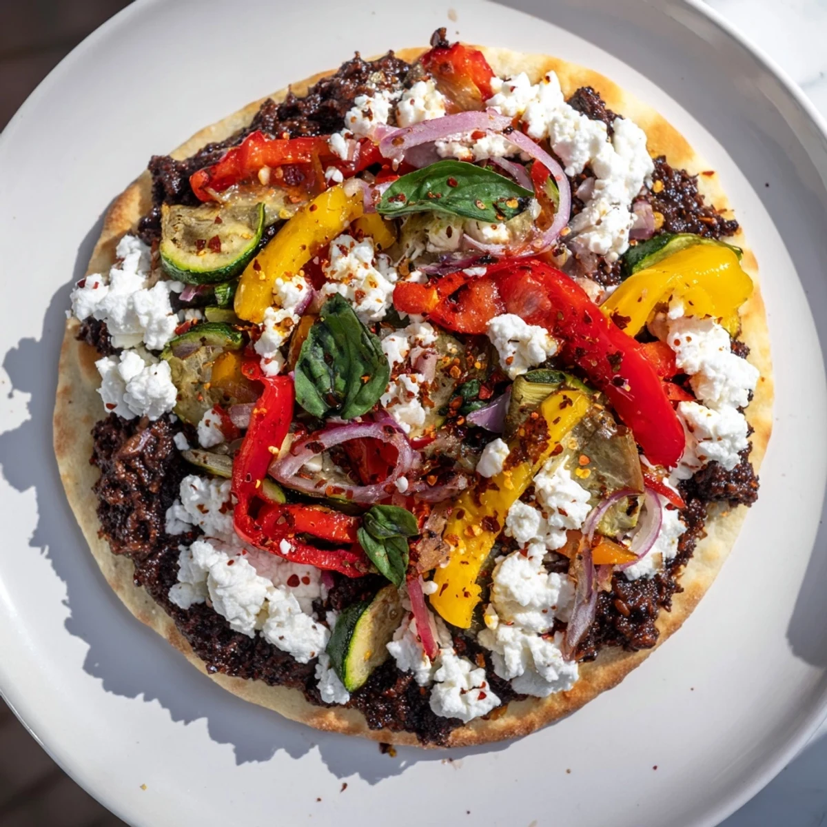 A delicious Mediterranean naan bread pizza with colorful roasted vegetables and creamy feta.