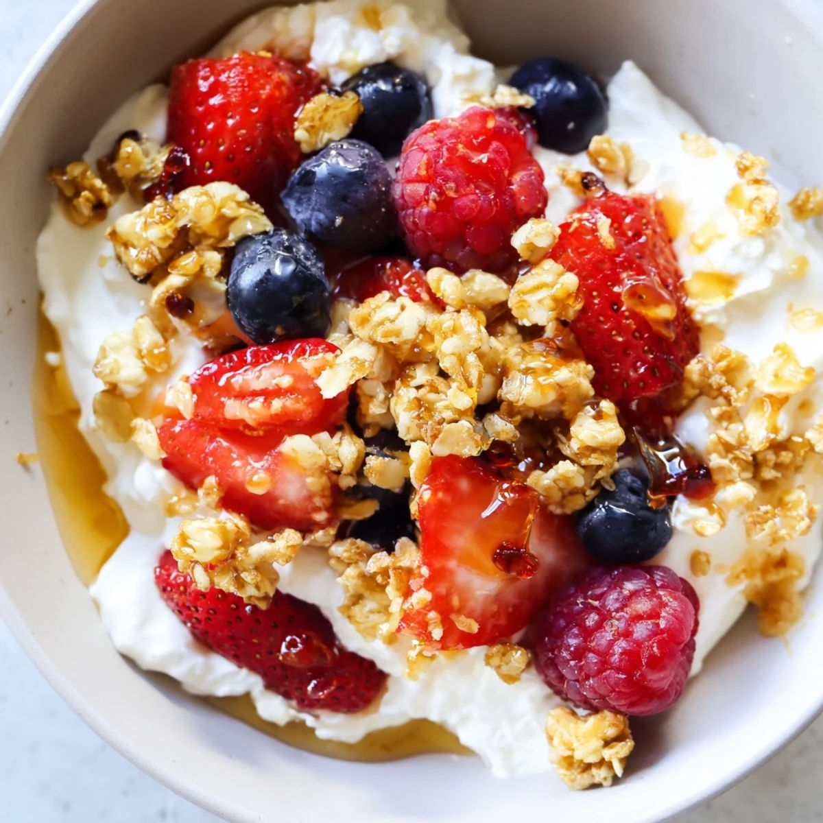 This Cottage Cheese Hot Honey Bowl presents a refreshing breakfast: berries atop creamy cottage cheese, finished with sweet hot honey.