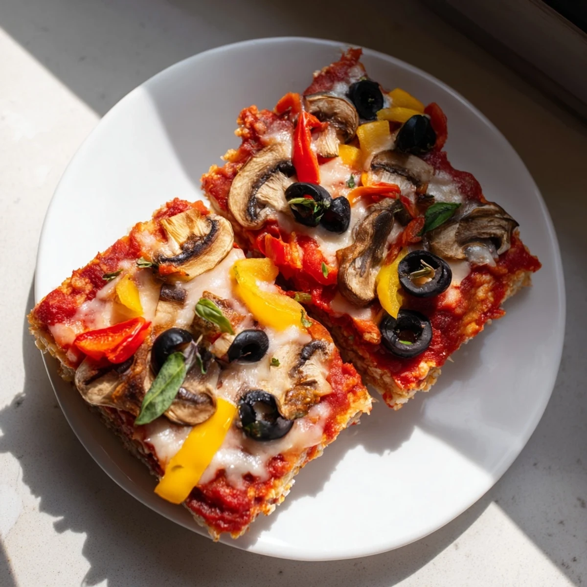 Kwadratowe pizze z ciasta ryżowego, pokryte stopionym serem i świeżymi dodatkami do smaku.