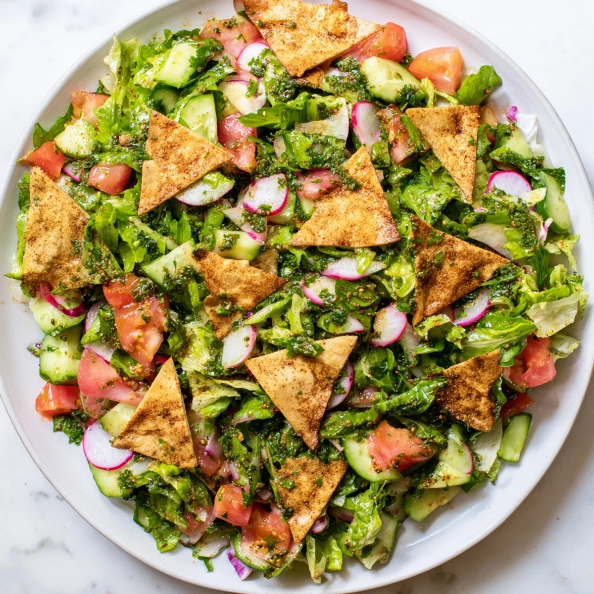 Żywa wizja Lebanese Fattoush: miks warzyw i ziół polanych aromatycznym, cytrynowym dressingiem.