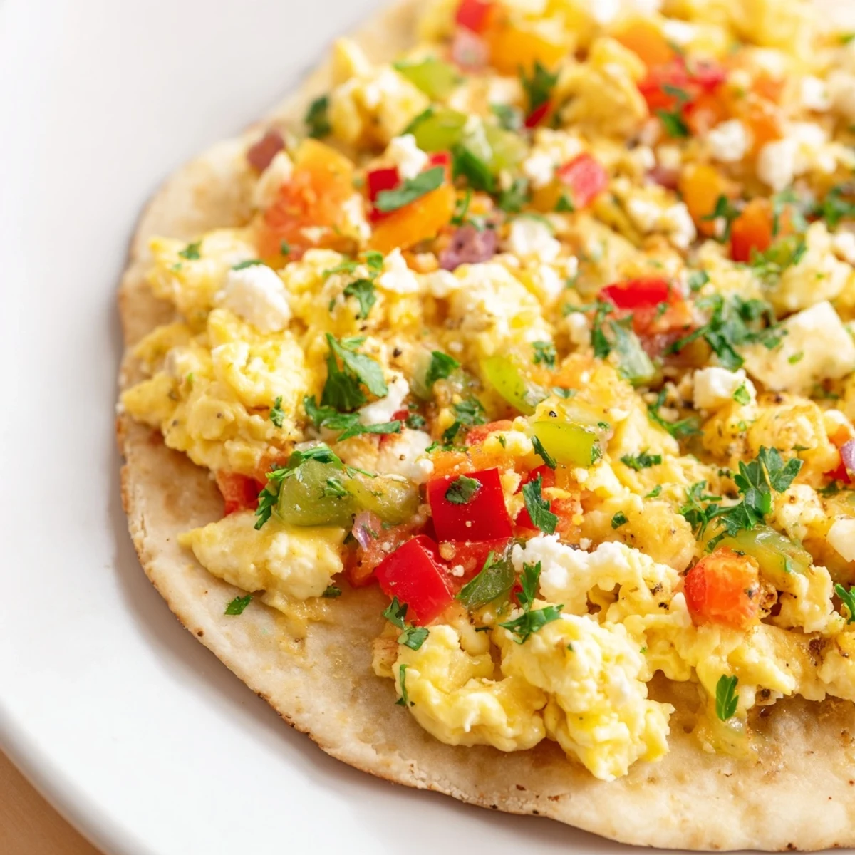 Scrumptious Turkish menemen eggs pizza topped with creamy feta and fresh herbs, ready to eat.