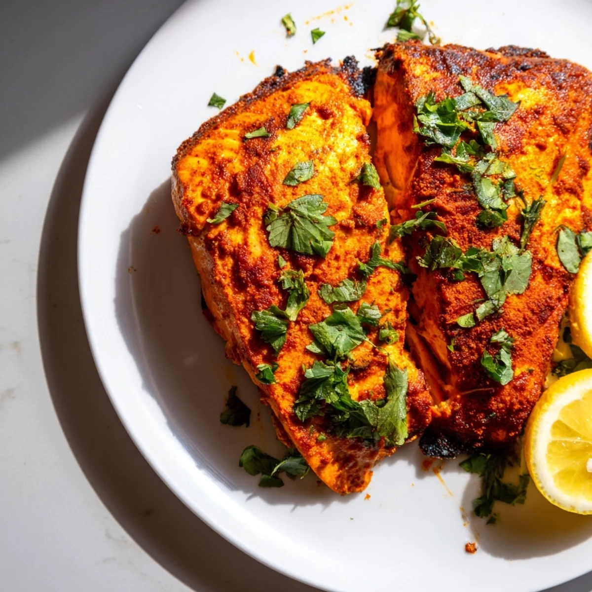 Indian Tikka Salmon, beautifully red-orange, shows flaky texture and is ready to be served.