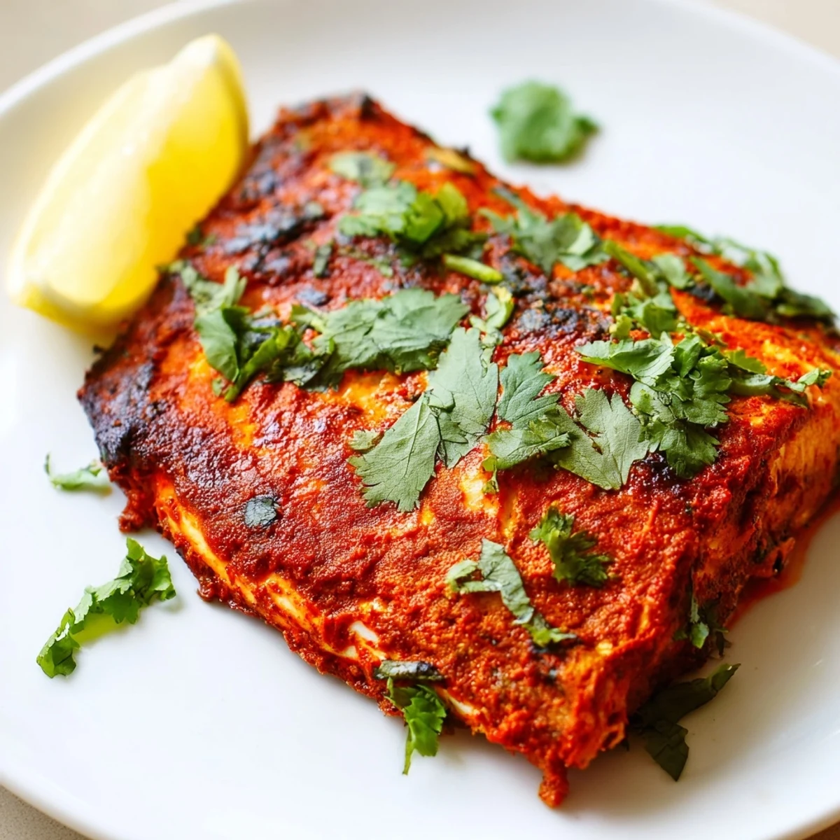 Close-up of perfectly roasted Indian Tikka Salmon, garnished with coriander for a fresh flavor.