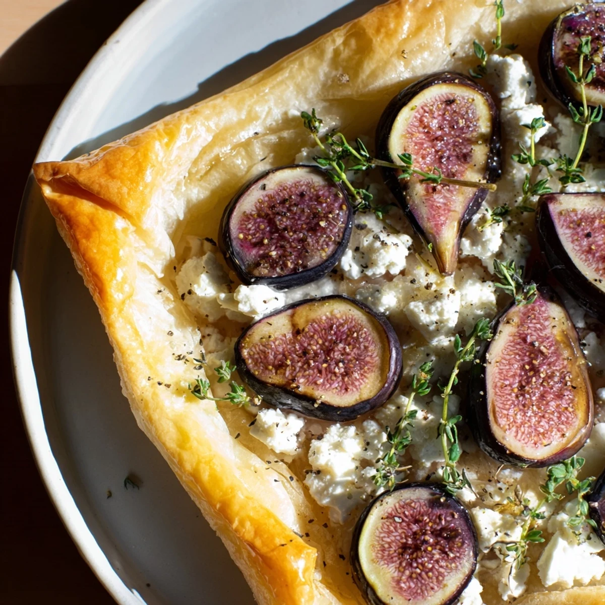 Close-up of a warm Puff Pastry Truffle Pizza, showcasing fresh figs and aromatic truffle oil finish.