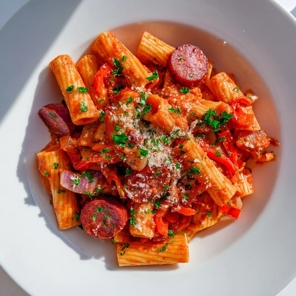 Close-up of bubbling Spanish chorizo pasta, showcasing the vibrant colors and smoky flavors.