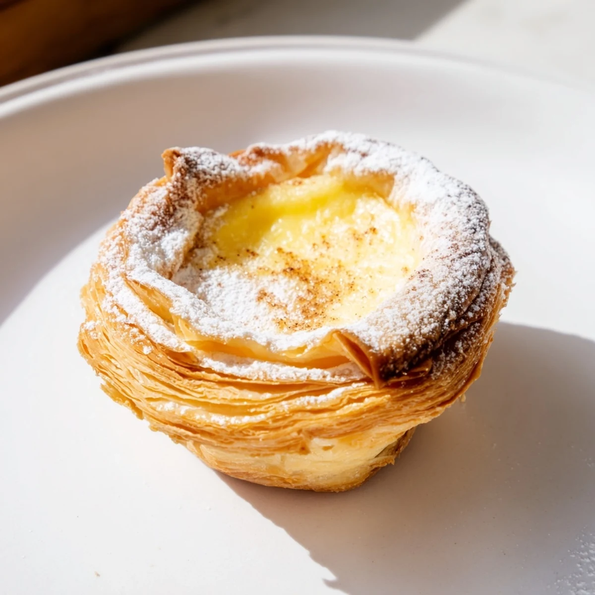 Freshly baked Portuguese egg tarts, dusted with powdered sugar, look rich and delicious.