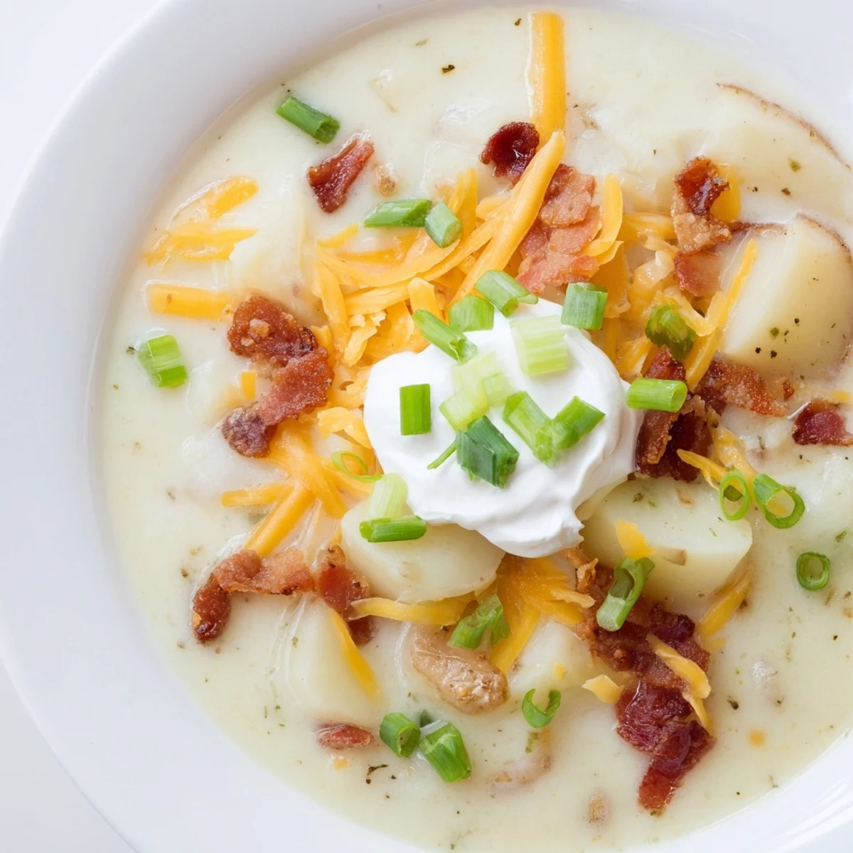 Warm, creamy Loaded Baked Potato Soup topped with cheddar, bacon, and fresh green onions.