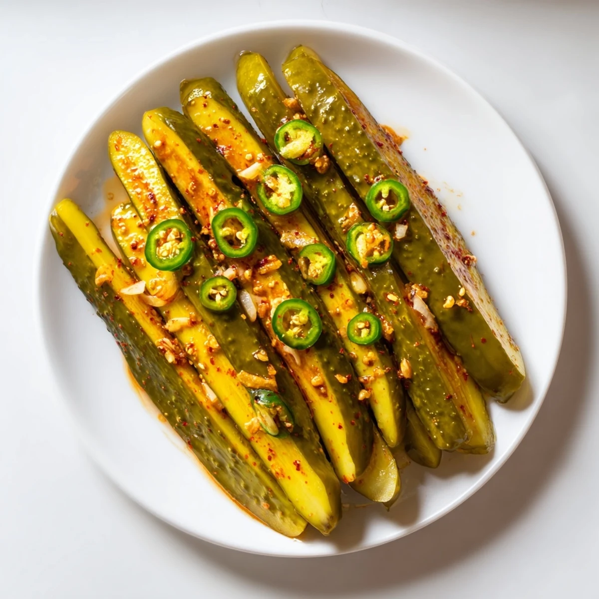 Taco pickles arranged in a jar, ready for snacking, with visible spices infusing the tangy brine.