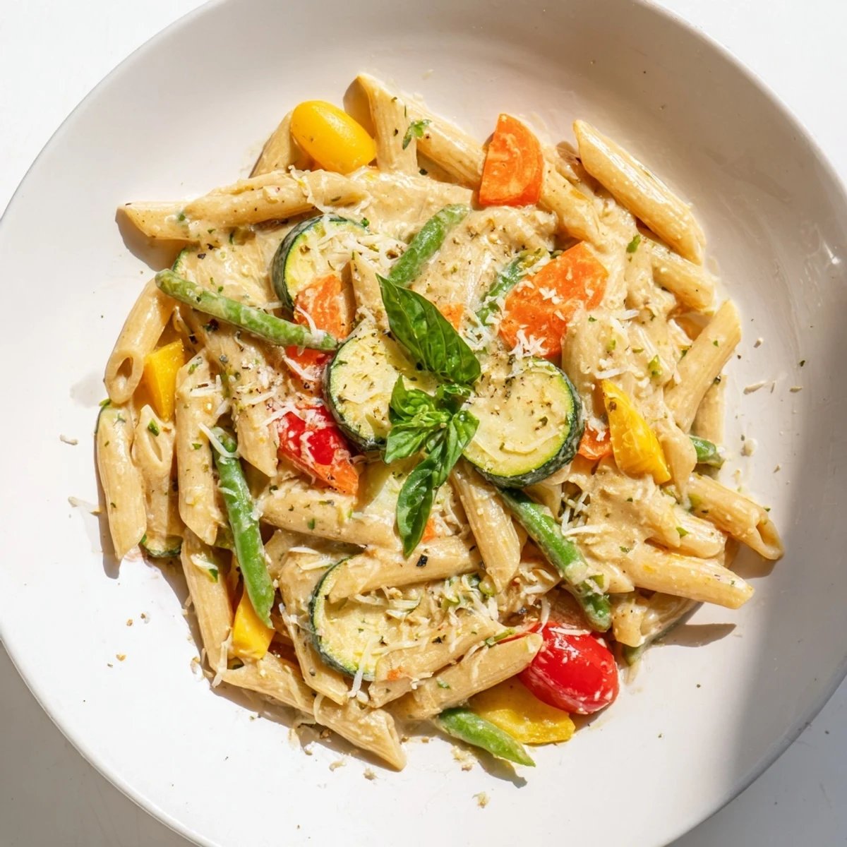One-Pot Creamy Pasta Primavera, a comforting dish of pasta with vibrant vegetables and a creamy sauce.