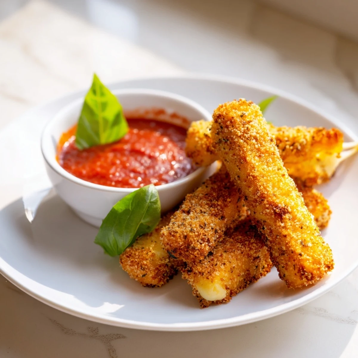 Chrupiące powietrzne frytki z mozzarellą, roztopiony ser, serwowane z ciepłym sosem marinara.