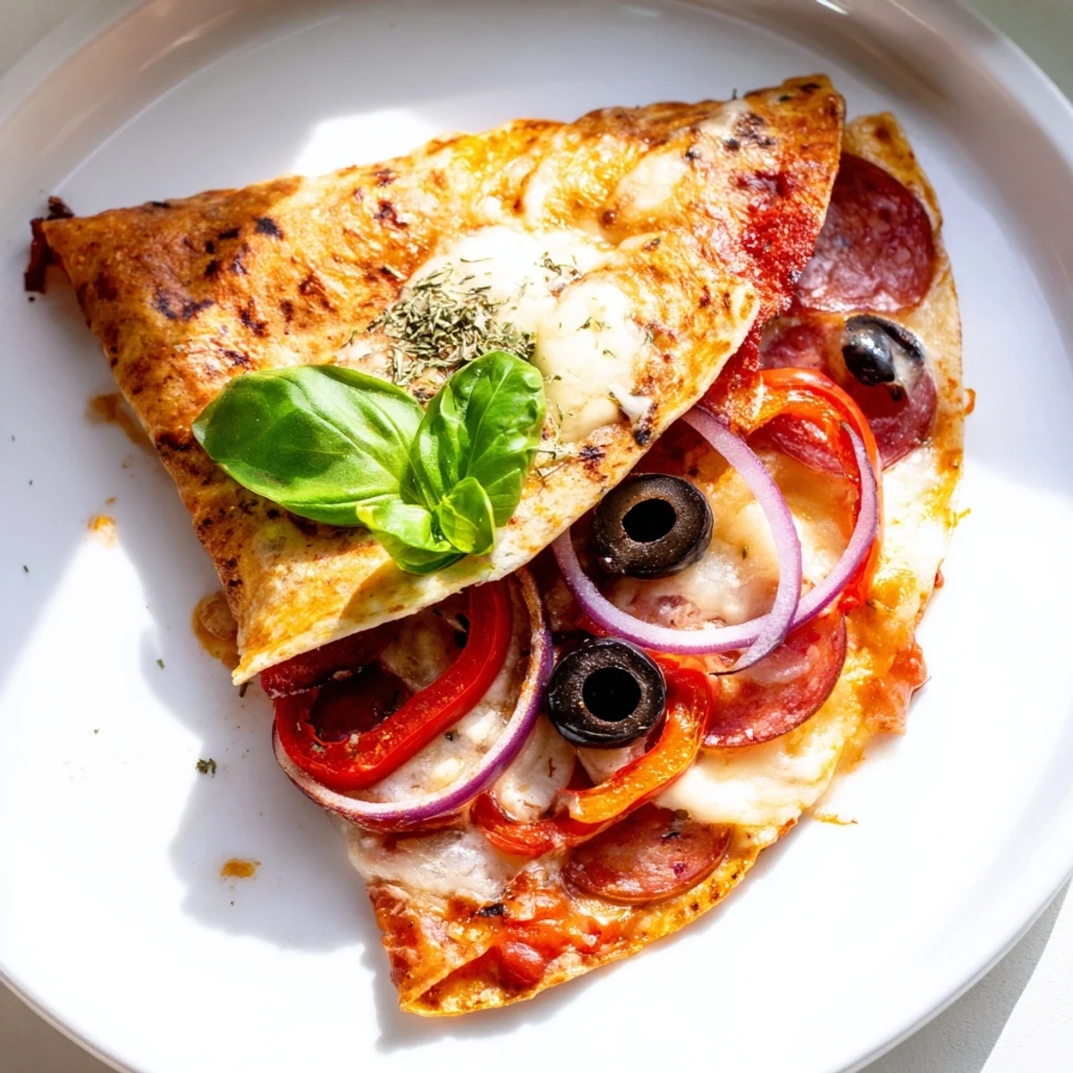 Crispy Tortilla Pizza Wrap filled with melted cheese, pepperoni, and fresh vegetables, ready to eat!