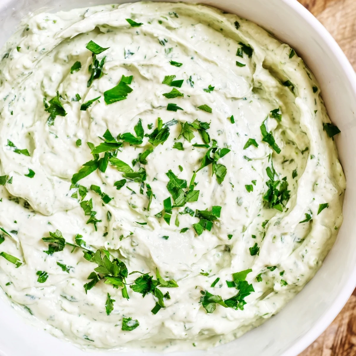 Creamy Green Goddess Salad Dip with fresh herbs, served alongside vibrant vegetables and chips.