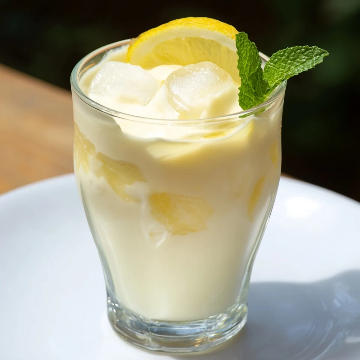 Close-up of a creamy lemonade drink, showing the smooth texture and fresh lemon slices.