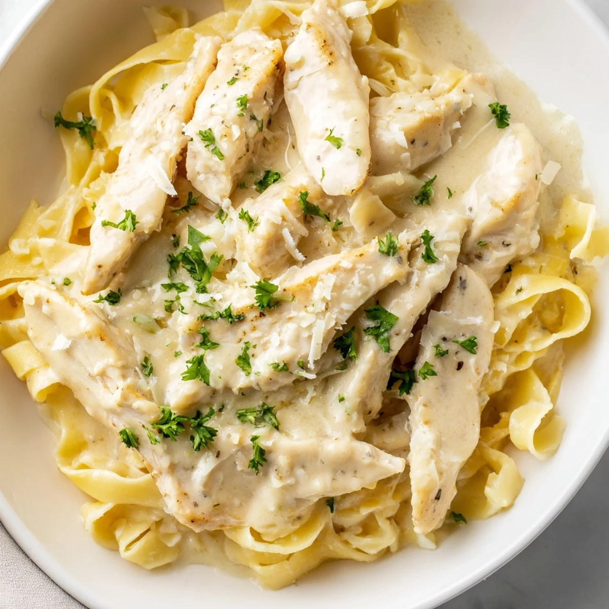 This comforting Skillet Chicken Alfredo features tender chicken and rich, cheesy Alfredo sauce.