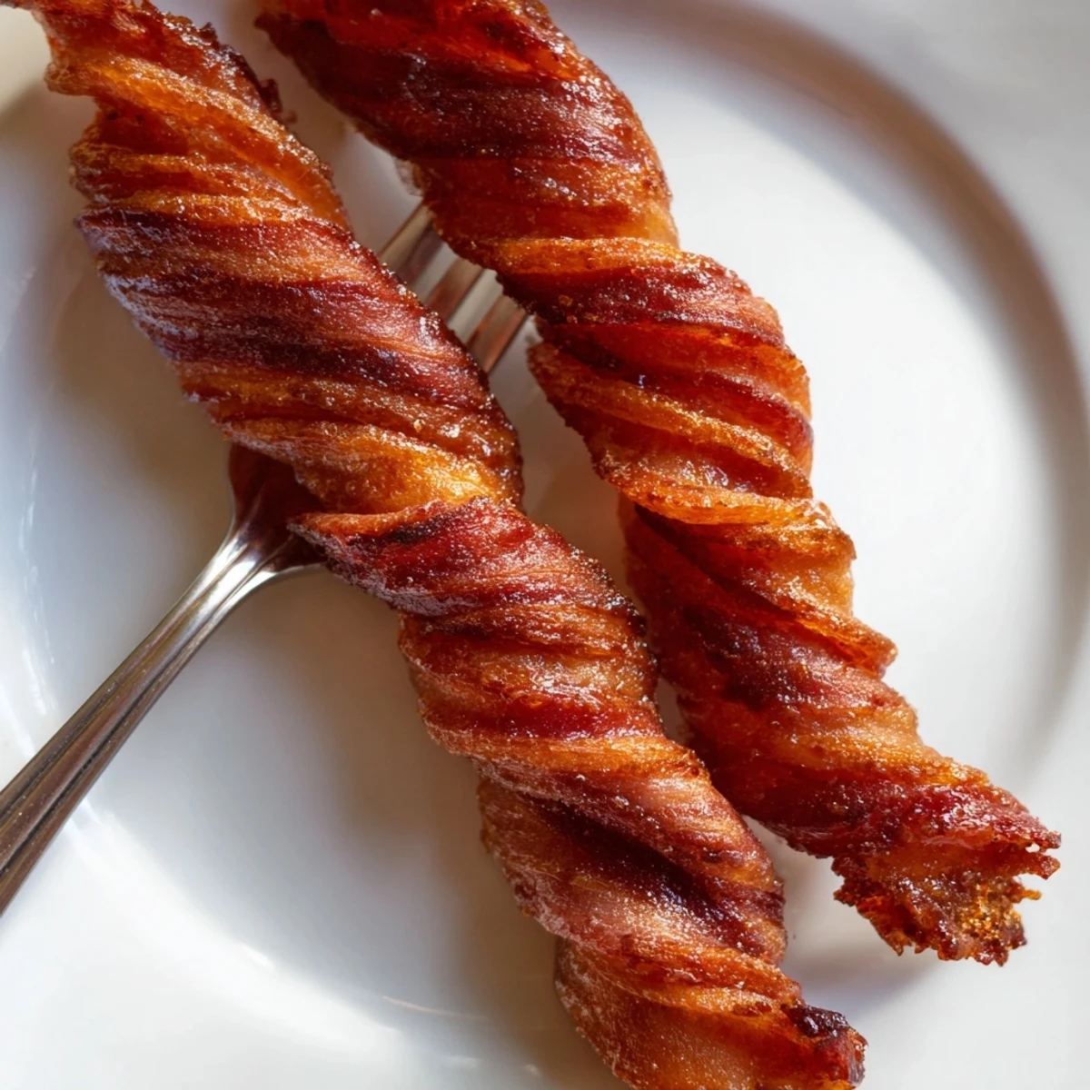 Golden, crispy Spiced Bacon Twists, coated in shimmering caramelized sugar, ready to be enjoyed as a snack.