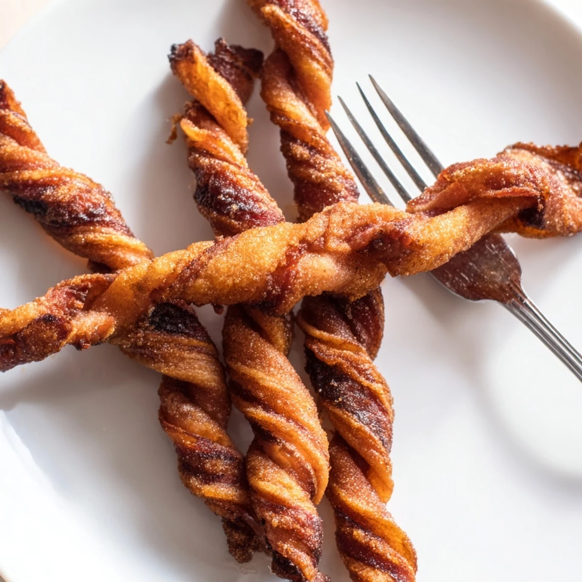 Close-up of baked Spiced Bacon Twists: a delightful mix of sweet, savory, and irresistibly crunchy bacon spirals.