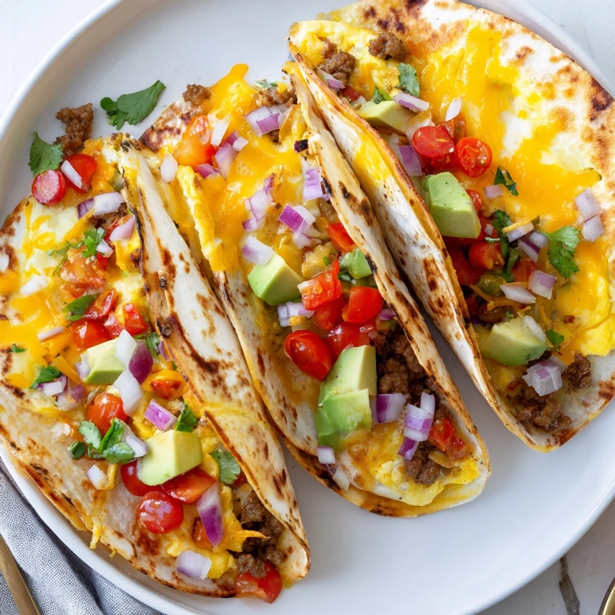 Sheet Pan Breakfast Tacos are full of fluffy eggs, cheese, and fresh toppings, ready to eat.