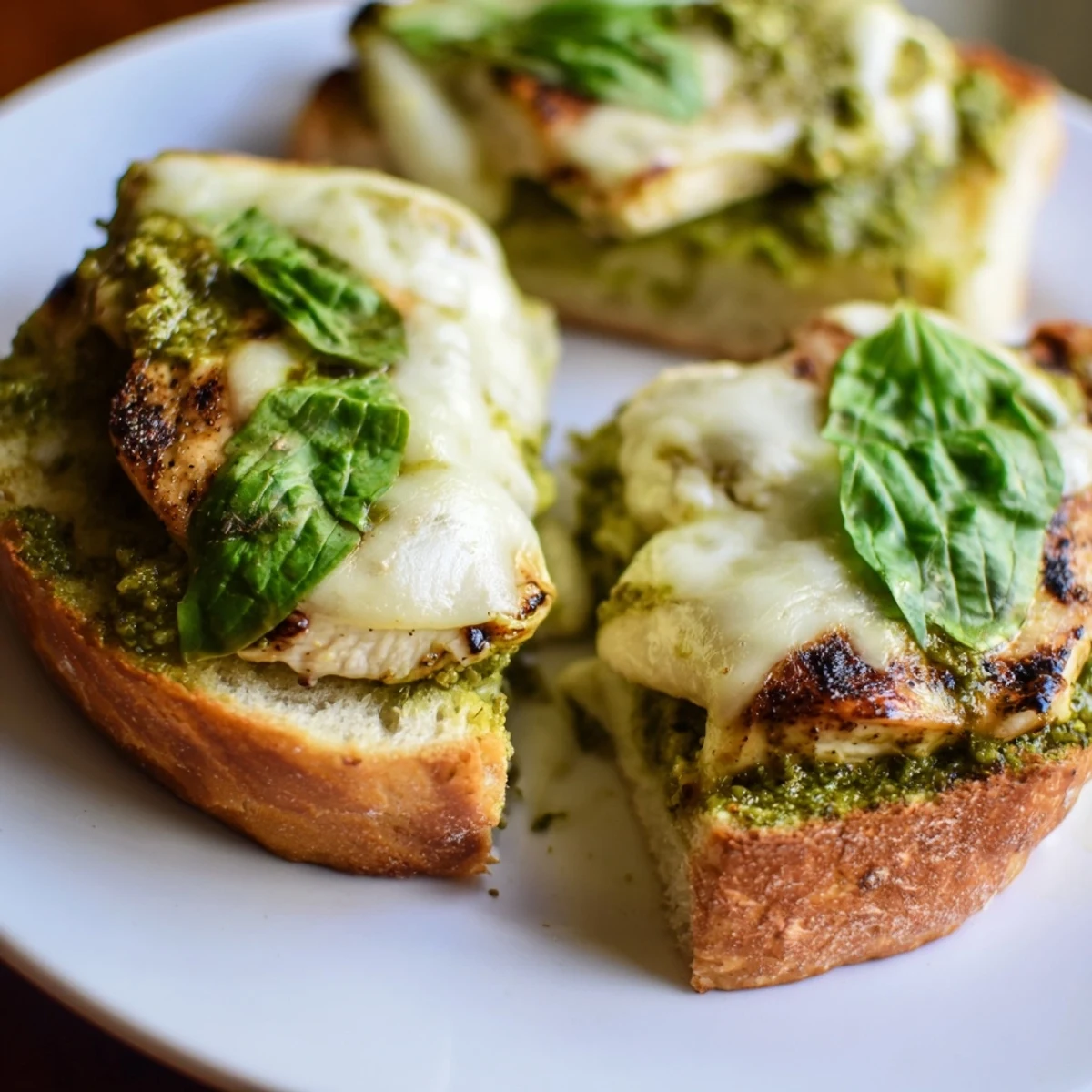 Grilled Pesto Chicken Melt with melted mozzarella, ready for a delicious bite.