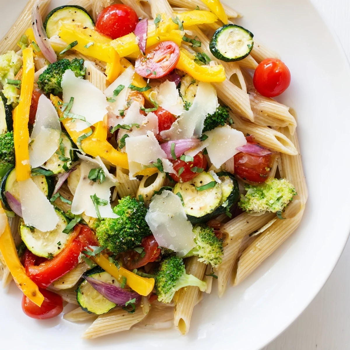 Talerz pysznej Pasta Primavera z kolorowymi warzywami i świeżo startym serem Parmesan.
