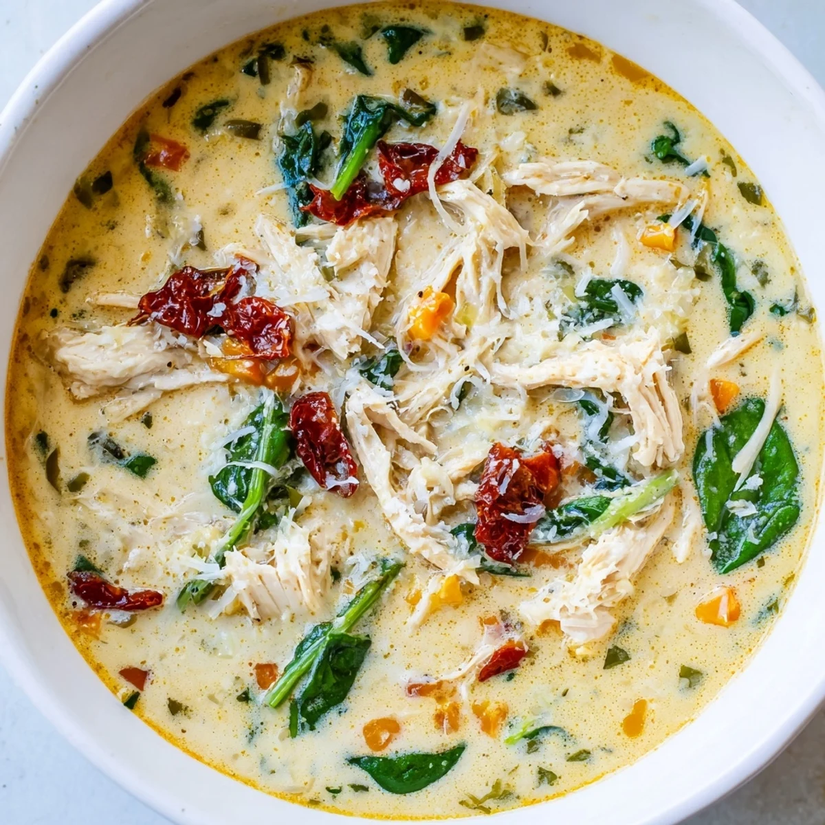 This hearty Creamy Tuscan Chicken Soup features tender chicken bathed in a rich, creamy broth.