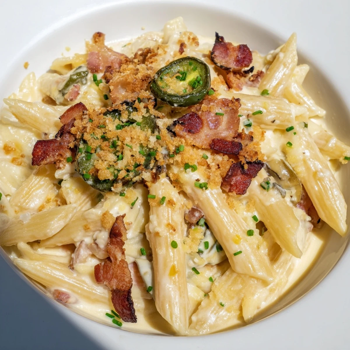 Delikatne penne z makaronu Jalapeño Popper, polane kremowym sosem i posypane chrupiącym boczkiem.