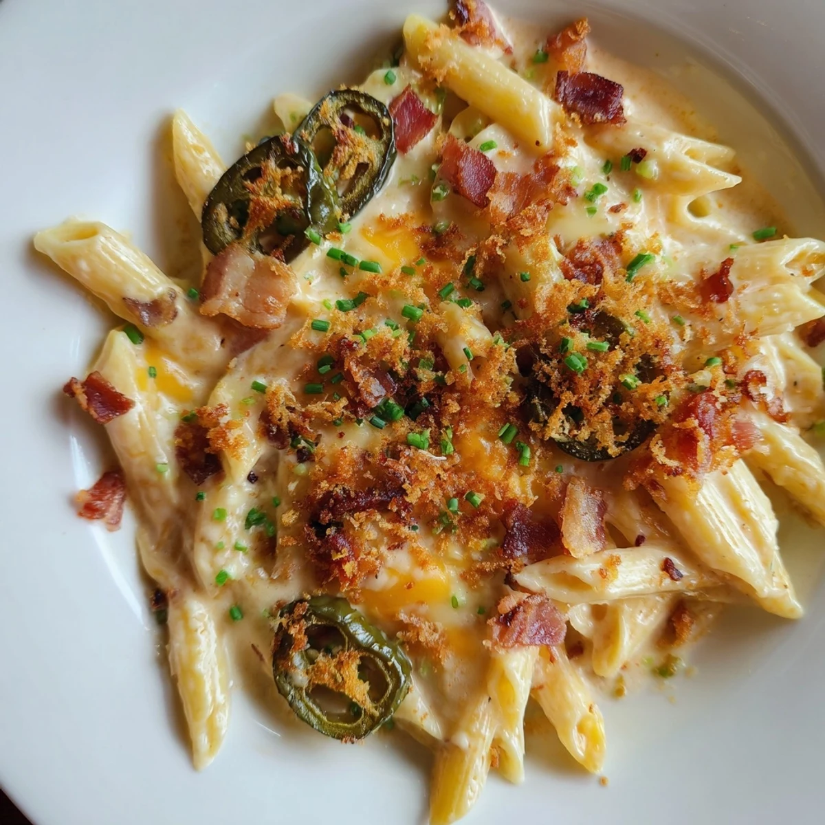 Pyszne i pikantne danie Jalapeño Popper Pasta, bogate w aromaty z pieczoną papryczką jalapeño i boczkiem.