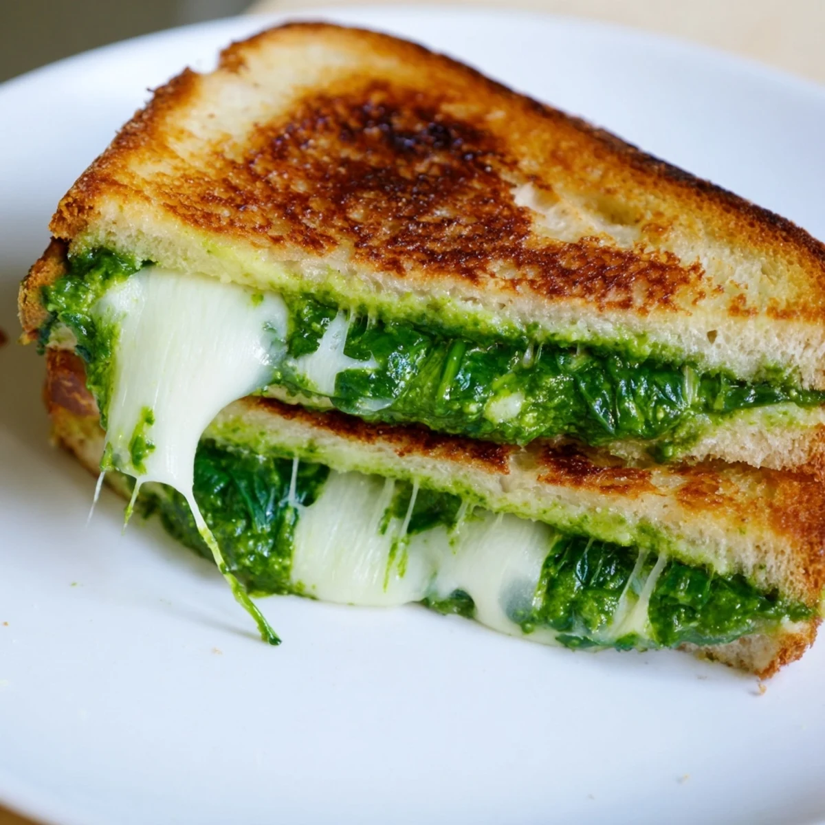 Spinach Pesto Grilled Cheese oozes melted cheese, golden bread crusts, ready for serving.