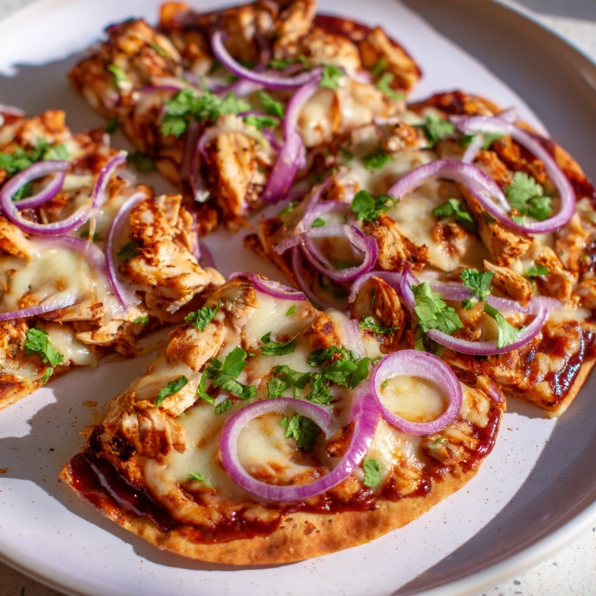BBQ Chicken Flatbread z ciągnącą się mozzarellą, idealny na szybki obiad lub przekąskę.