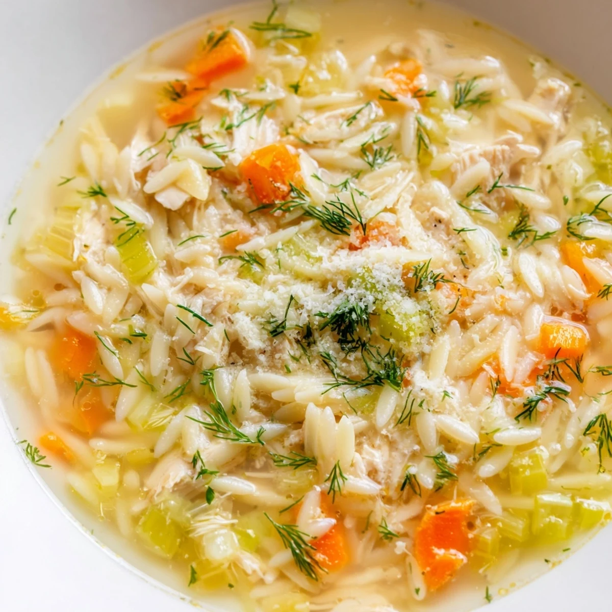 Chicken Lemon Orzo Soup, a bright bowl filled with tender chicken and fresh herbs, ready to enjoy.