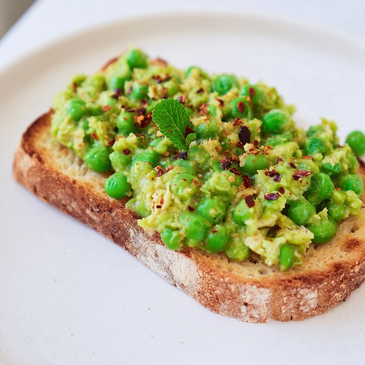 Creamy smashed pea and chicken toast with chili flakes, perfect for a quick and flavorful meal.