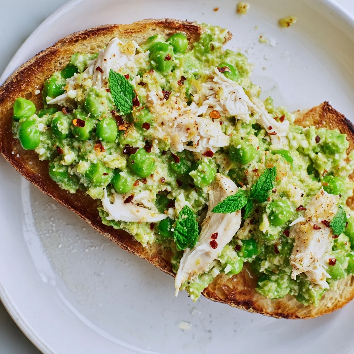 A close-up of vibrant smashed pea & chicken toast, showing the texture of the peas and shredded chicken.